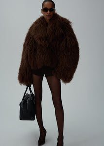 Short shag shearling coat in brown