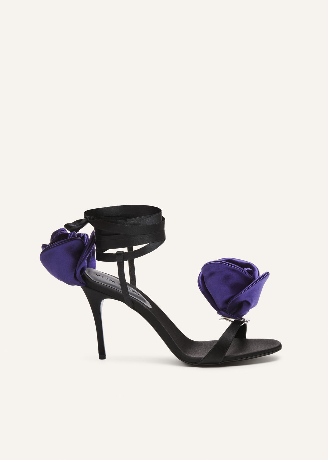Double purple flower heel sandals in black satin