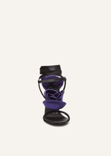Load image into Gallery viewer, Double purple flower heel sandals in black satin
