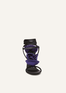 Double purple flower heel sandals in black satin