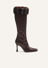 Load image into Gallery viewer, Tall faux fur sock boots in brown satin
