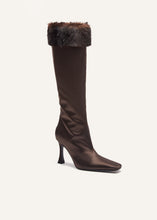 Load image into Gallery viewer, Tall faux fur sock boots in brown satin

