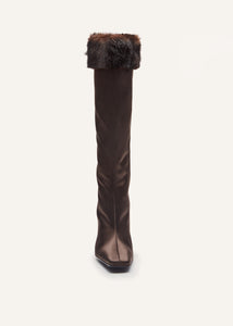 Tall faux fur sock boots in brown satin