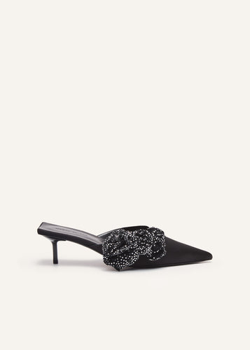 AW23 LOW MULES SATIN BLACK PATCH CRYSTALS