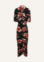 Load image into Gallery viewer, Ruched cape midi dress in black print
