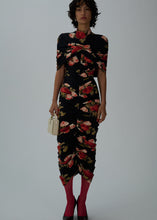 Load image into Gallery viewer, Ruched cape midi dress in black print
