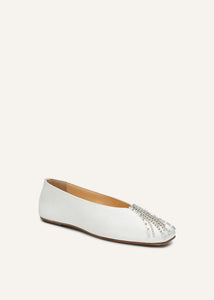 Crystal-embellished satin flats in white