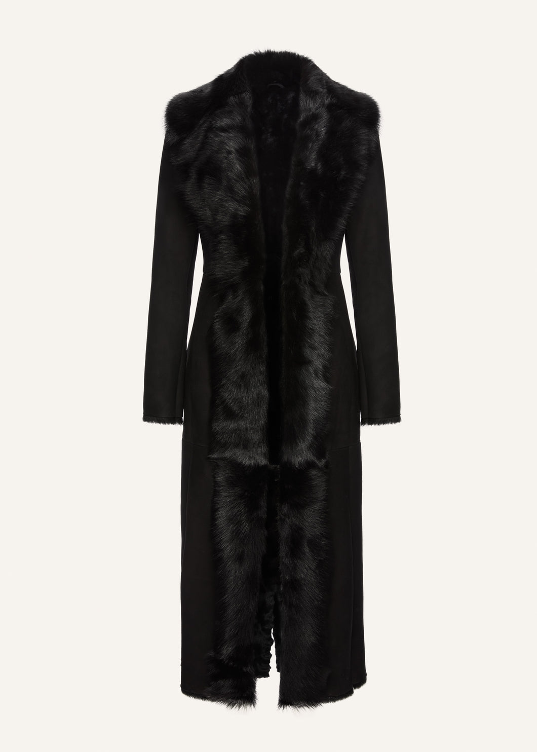 Longline shearling coat in black