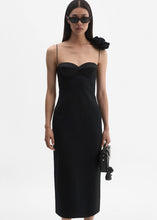 Load image into Gallery viewer, Flower appliqué silk midi dress in black
