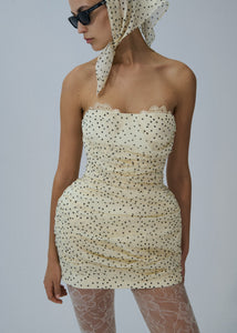 Strapless ruched silk mini dress in cream dots