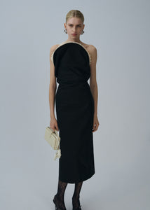 Lace trim sculptural midi dress in black
