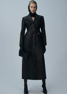 Stitch waist leather coat in black