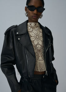 Cropped biker jacket in black leather