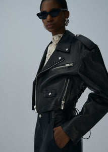 Cropped biker jacket in black leather