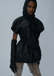 Elasticized leather peplum jacket in black