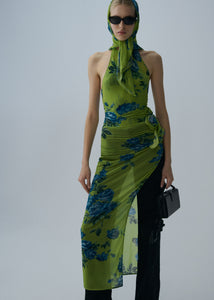 High-neck floral applique midi dress in green print