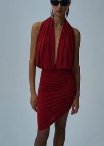 Plunge halter jersey midi dress in red