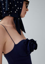 Load image into Gallery viewer, 3D flower retro bustier swimsuit in navy
