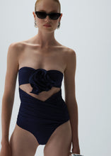 Load image into Gallery viewer, Flower appliqué strapless cutout swimsuit in navy
