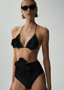 Floral strappy triangle bikini top in black