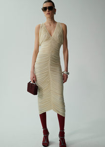 Ruched v neck midi dress in beige