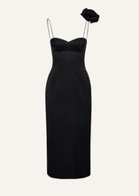 Load image into Gallery viewer, Flower appliqué silk midi dress in black
