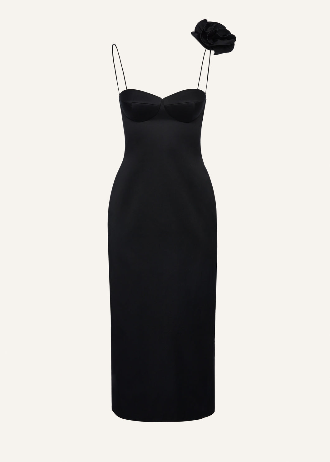 Flower appliqué silk midi dress in black
