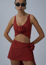 Load image into Gallery viewer, Asymmetrical draped swim skirt in red
