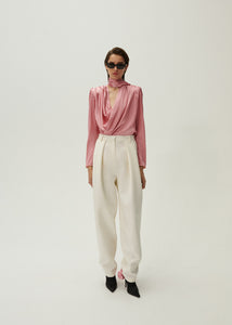 Long sleeve draped silk blouse in pink