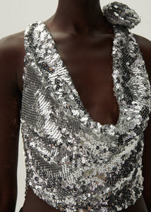 Cowl neck sequin blouse in silver