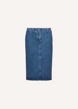 Load image into Gallery viewer, Classic slit denim midi skirt in blue
