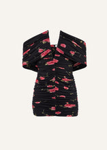Load image into Gallery viewer, V neck ruched dress in black print
