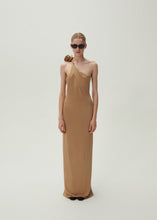 Load image into Gallery viewer, One shoulder rose appliqué jersey midi dress in beige
