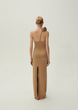 Load image into Gallery viewer, One shoulder rose appliqué jersey midi dress in beige
