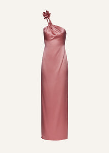 One shoulder rose appliqué silk midi dress in pink