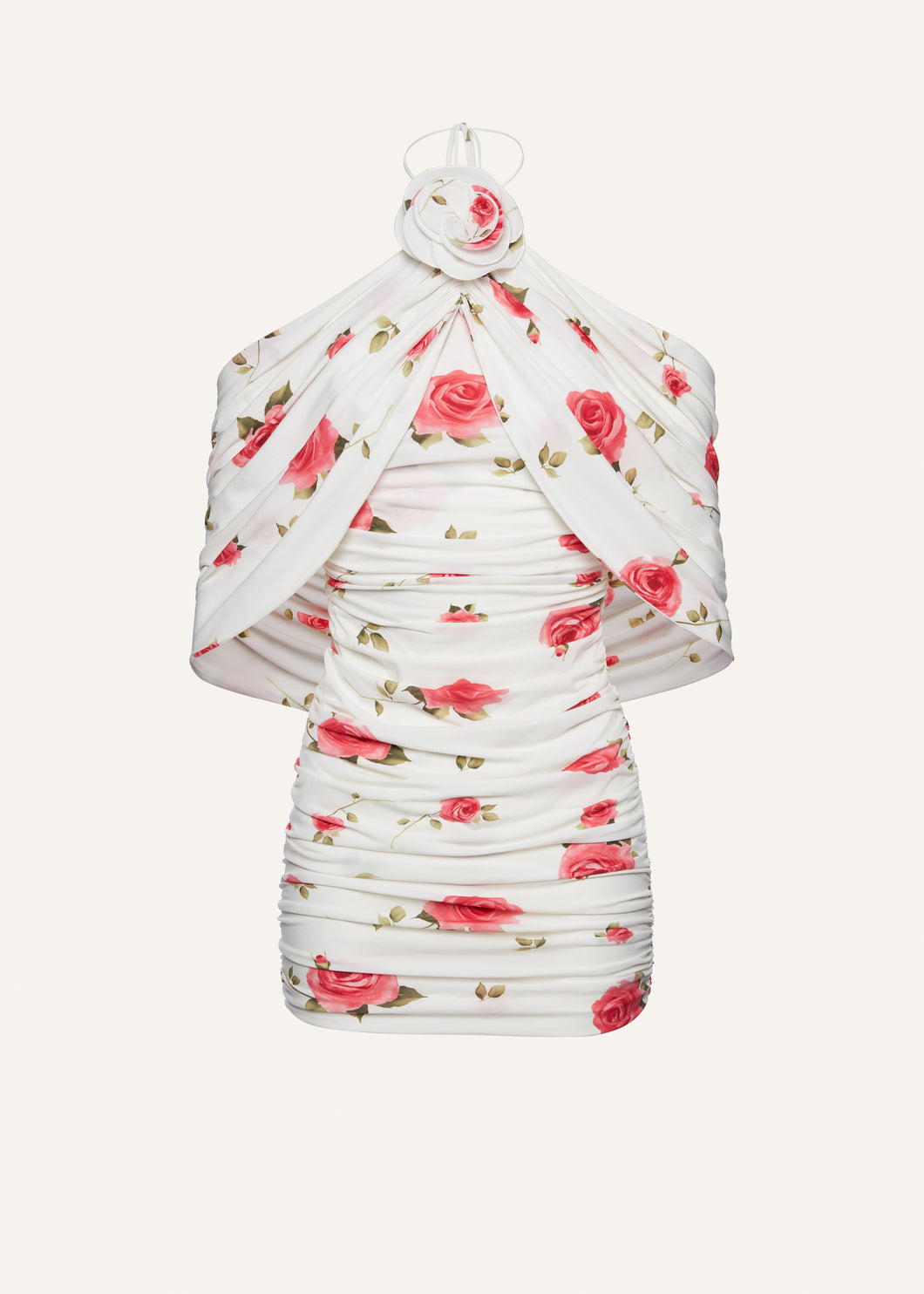 Ruched flower appliqué wrap dress in cream print