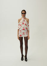 Load image into Gallery viewer, Ruched flower appliqué wrap dress in cream print
