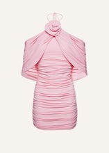 Load image into Gallery viewer, Ruched flower appliqué wrap dress in pink
