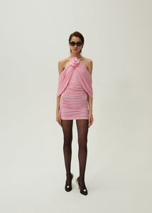 Ruched flower appliqué wrap dress in pink
