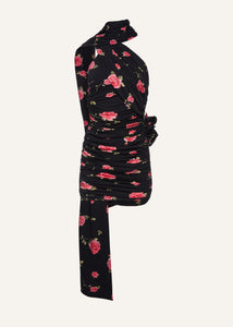 Wrap neck mini dress in black print