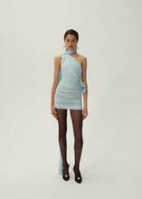 Load image into Gallery viewer, Wrap neck mini dress in blue
