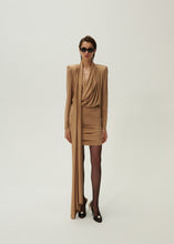 Load image into Gallery viewer, Long sleeve draped silk mini dress in beige
