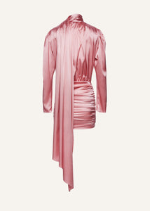 Long sleeve draped silk mini dress in pink
