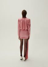 Load image into Gallery viewer, Long sleeve draped silk mini dress in pink

