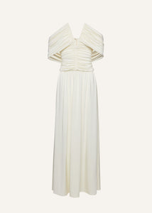 V neck ruched wrap maxi dress in cream
