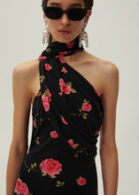 Load image into Gallery viewer, Wrap neck maxi dress in black print
