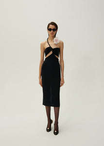 Cutout wire neckline midi dress in black