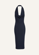 Load image into Gallery viewer, Cowl neck halter midi dress in navy
