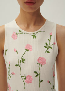 Ribbed jersey dress in cream rose embroidery