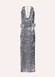 Cowl neck sequin dress in silver